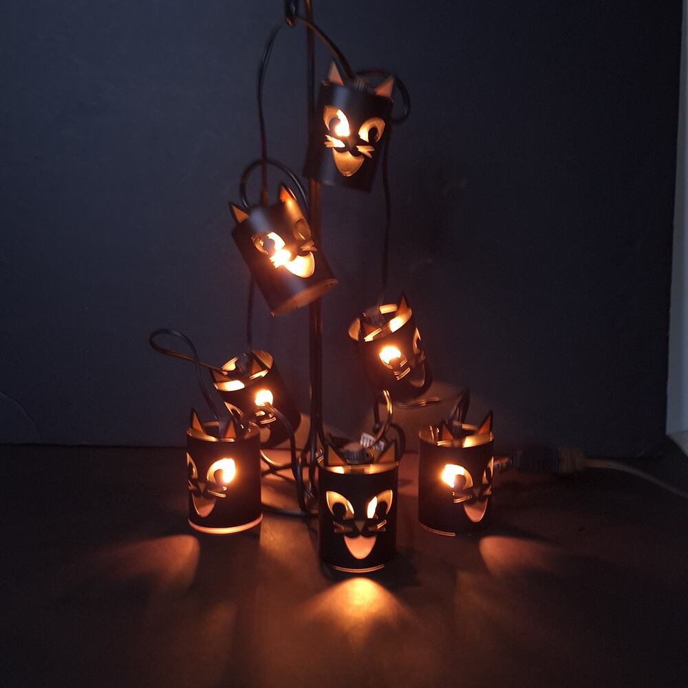 Halloween Black Cat Metal Lantern String Lights 7 Cats Indoor Outdoor 88”